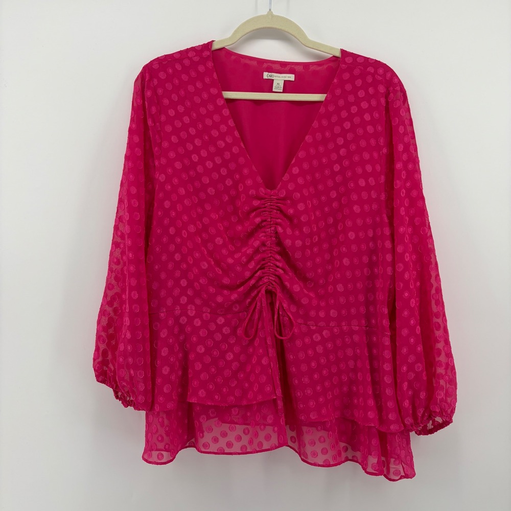 Cato Womens XL Fuchsia Pink Clip Dot Ruched‎ Peplum Blouse V-Neck Balloon Sleeve
